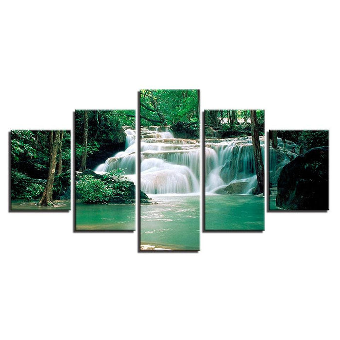 Forest Lake Waterfall 5 Piece HD Multi Panel Canvas Wall Art Frame - Original Frame