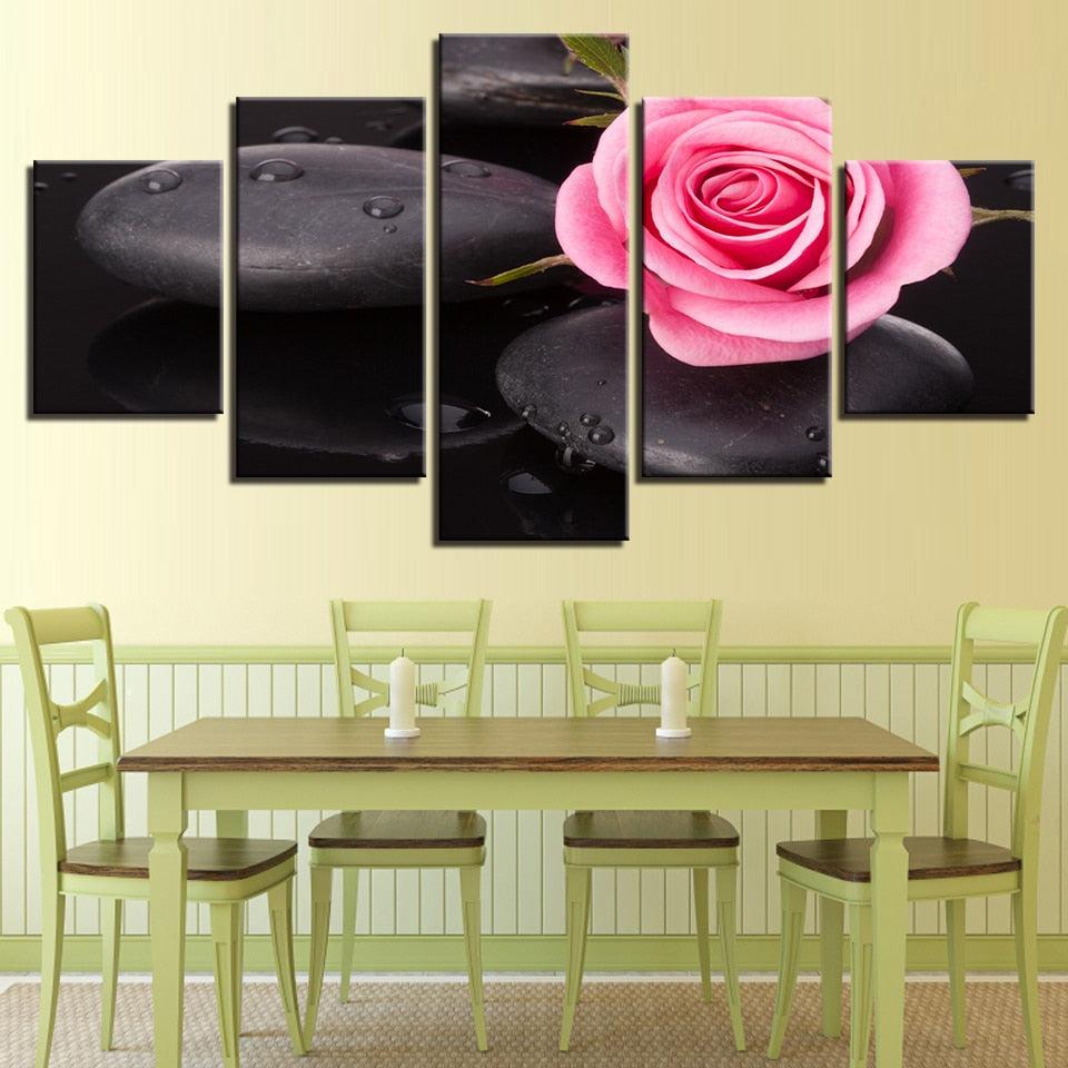 Stone And Pink Rose 5 Piece HD Multi Panel Canvas Wall Art Frame - Original Frame