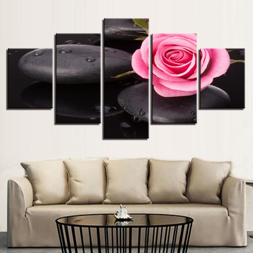 Stone And Pink Rose 5 Piece HD Multi Panel Canvas Wall Art Frame - Original Frame