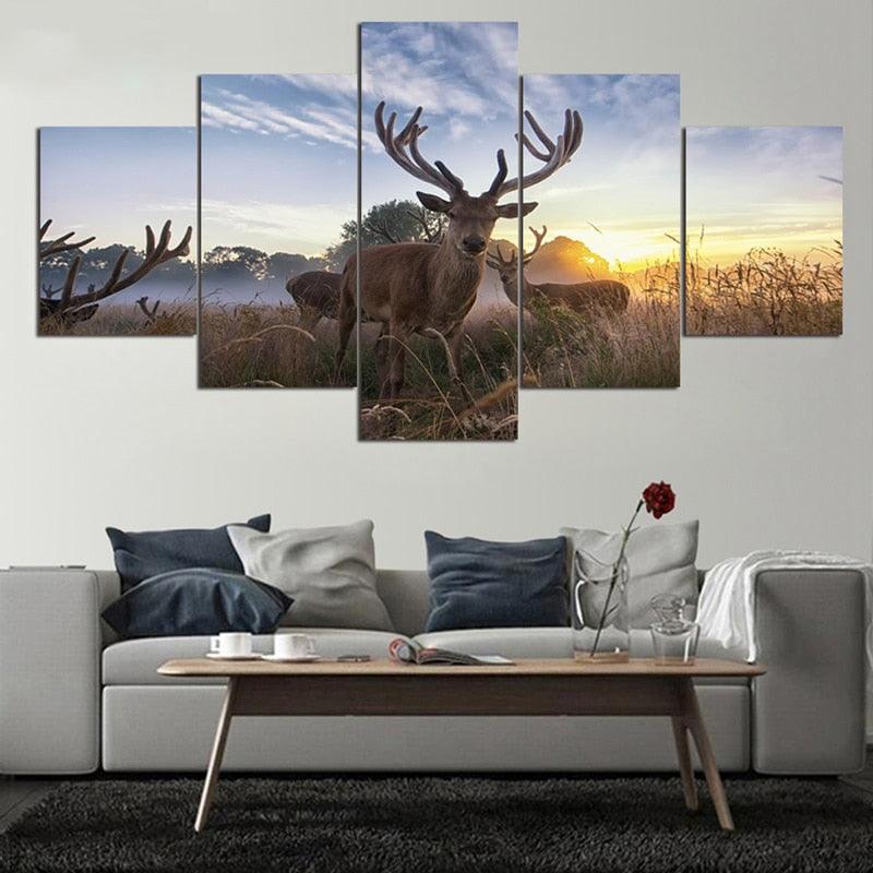 Wild Elks 5 Piece HD Multi Panel Canvas Wall Art Frame - Original Frame