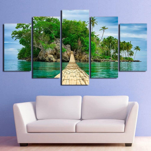 Island Wooden Bridge 5 Piece HD Multi Panel Canvas Wall Art - Original Frame