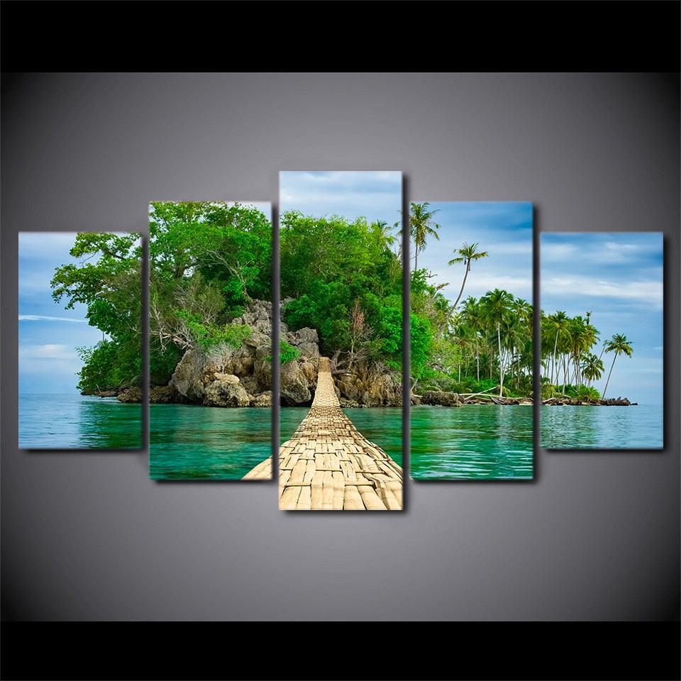 Island Wooden Bridge 5 Piece HD Multi Panel Canvas Wall Art - Original Frame