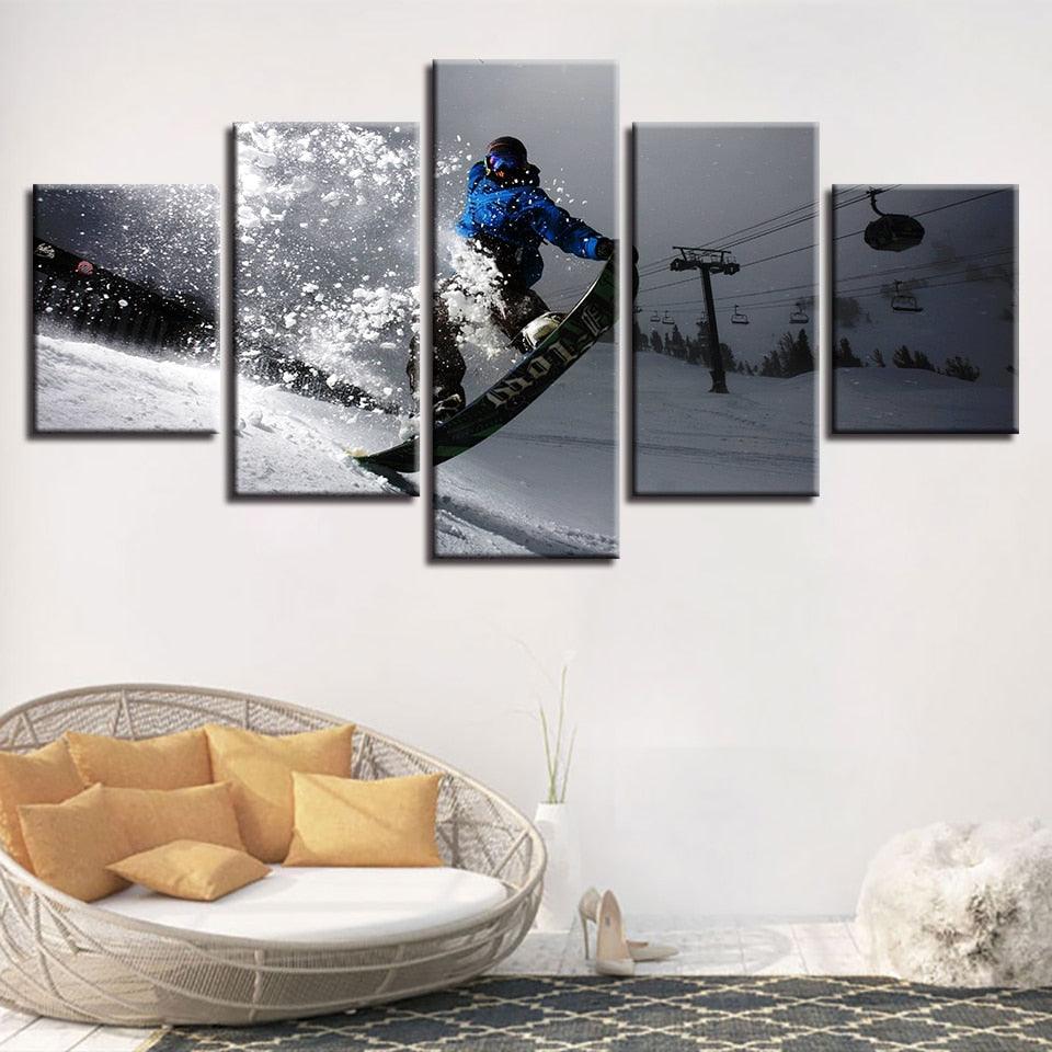 Snow Mountain Skiing 5 Piece HD Multi Panel Canvas Wall Art Frame - Original Frame