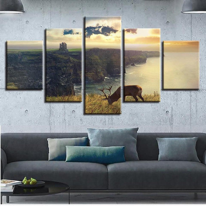 Deer Grazing a Cliff 5 Piece HD Multi Panel Canvas Wall Art Frame - Original Frame