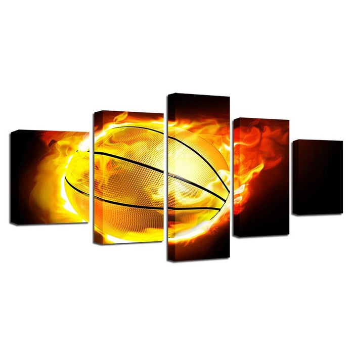 Fiery Basketball 5 Piece HD Multi Panel Canvas Wall Art Frame - Original Frame