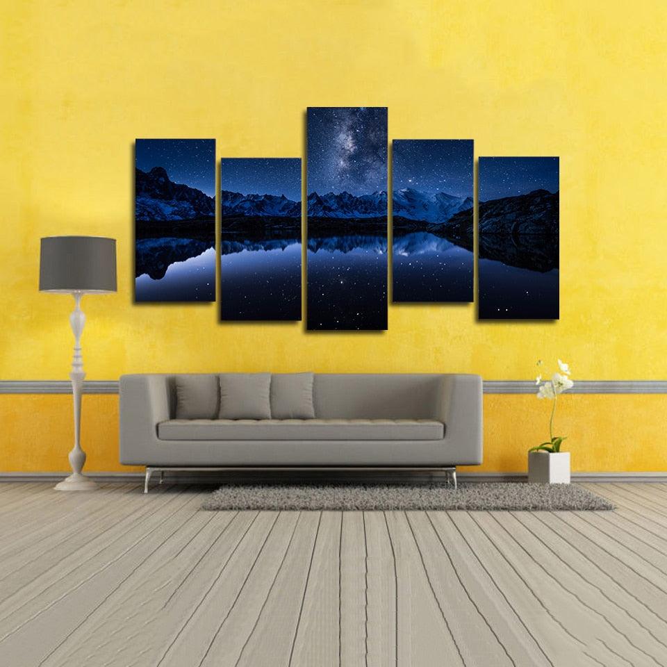 Starry Blue Night 5 Piece HD Multi Panel Canvas Wall Art Frame Painting - Original Frame
