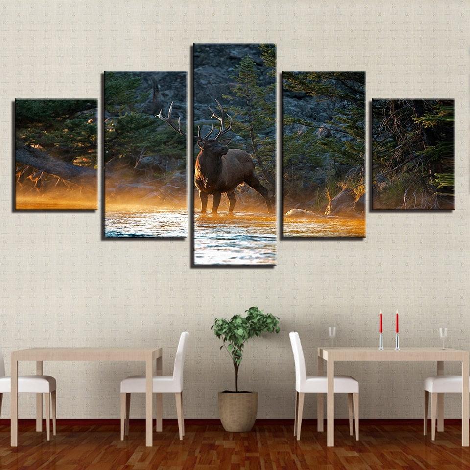 Elk In Forest Stream 5 Piece HD Multi Panel Canvas Wall Art Frame - Original Frame