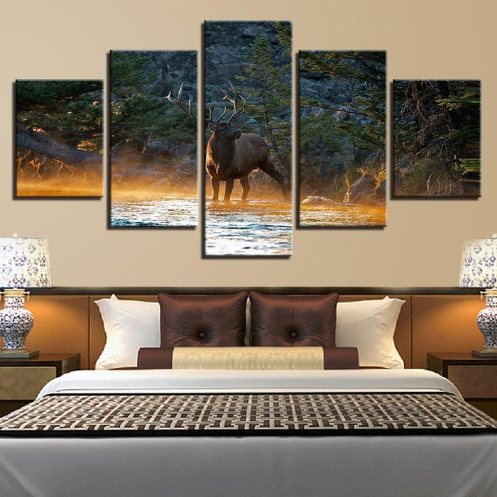 Elk In Forest Stream 5 Piece HD Multi Panel Canvas Wall Art Frame
