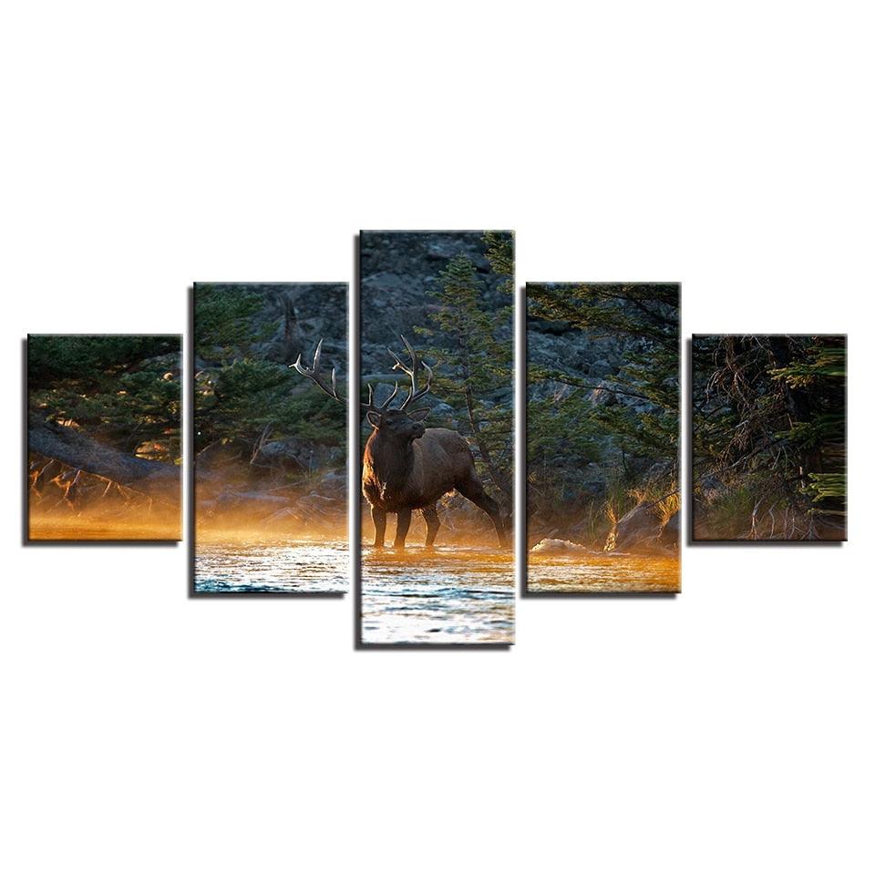 Elk In Forest Stream 5 Piece HD Multi Panel Canvas Wall Art Frame - Original Frame