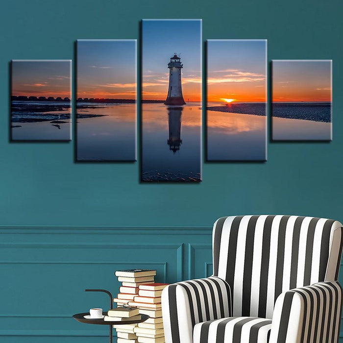 Sun Lighthouse Seaview 5 Piece HD Multi Panel Canvas Wall Art Frame - Original Frame