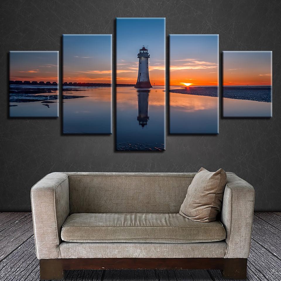 Sun Lighthouse Seaview 5 Piece HD Multi Panel Canvas Wall Art Frame - Original Frame