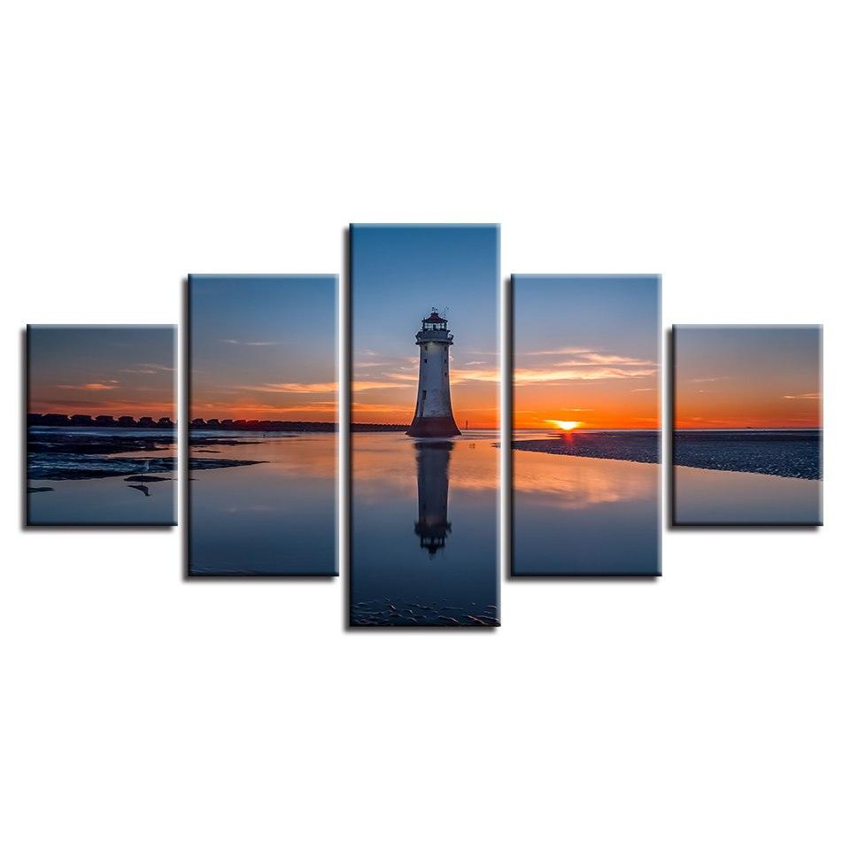Sun Lighthouse Seaview 5 Piece HD Multi Panel Canvas Wall Art Frame - Original Frame