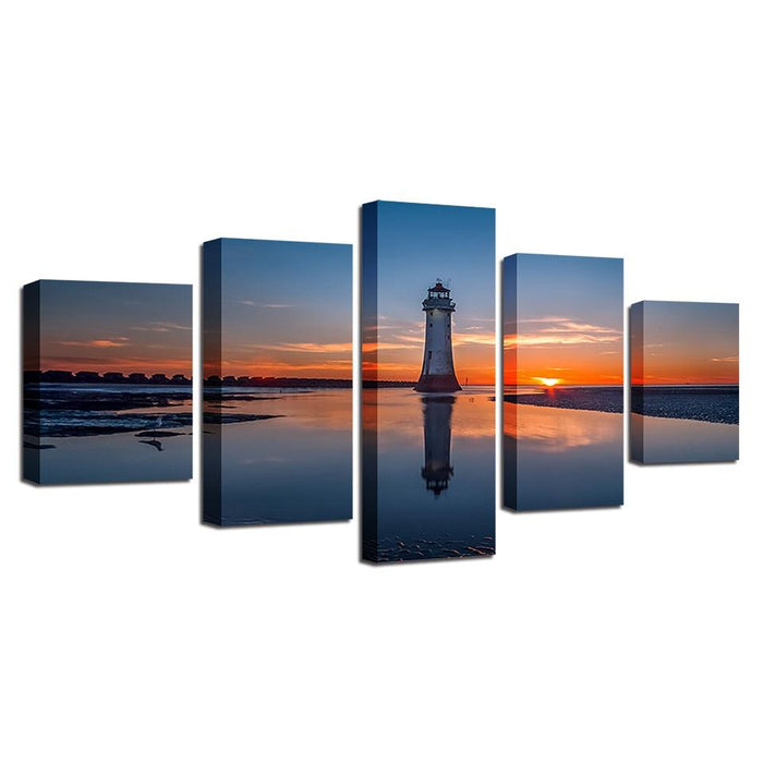 Sun Lighthouse Seaview 5 Piece HD Multi Panel Canvas Wall Art Frame - Original Frame