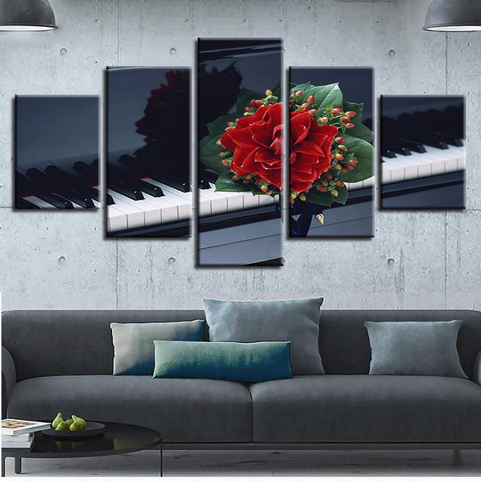 Flower And Piano 5 Piece HD Multi Panel Canvas Wall Art Frame