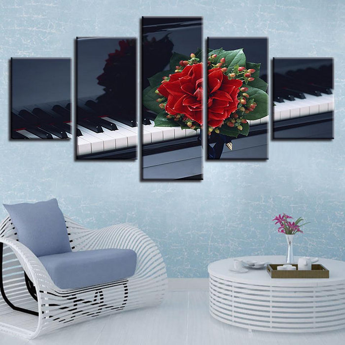 Flower And Piano 5 Piece HD Multi Panel Canvas Wall Art Frame