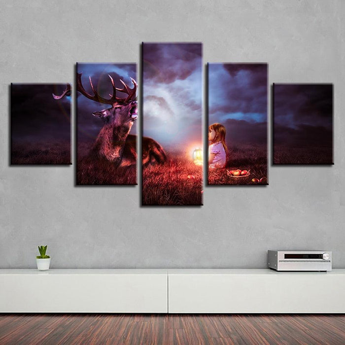 Lantern Child With A Deer 5 Piece HD Multi Panel Canvas Wall Art Frame - Original Frame