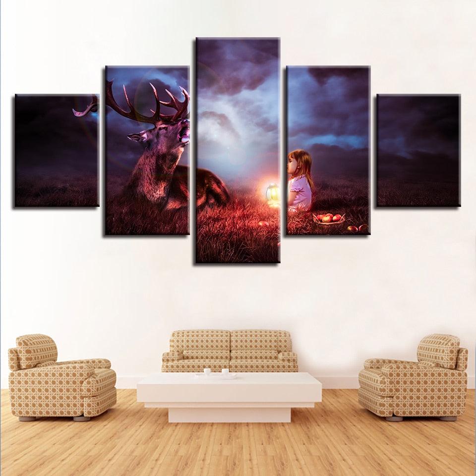 Lantern Child With A Deer 5 Piece HD Multi Panel Canvas Wall Art Frame - Original Frame