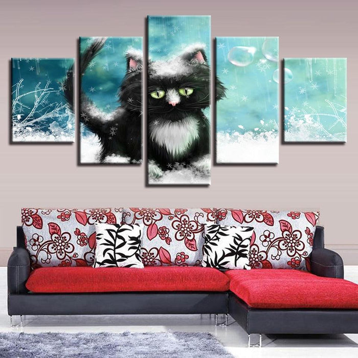 Cat In Snow 5 Piece HD Multi Panel Canvas Wall Art Frame