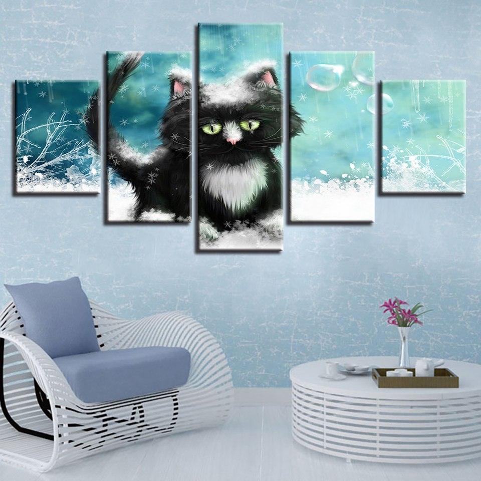 Cat In Snow 5 Piece HD Multi Panel Canvas Wall Art Frame - Original Frame