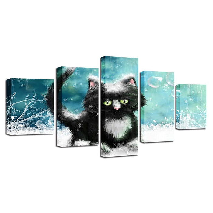 Cat In Snow 5 Piece HD Multi Panel Canvas Wall Art Frame - Original Frame