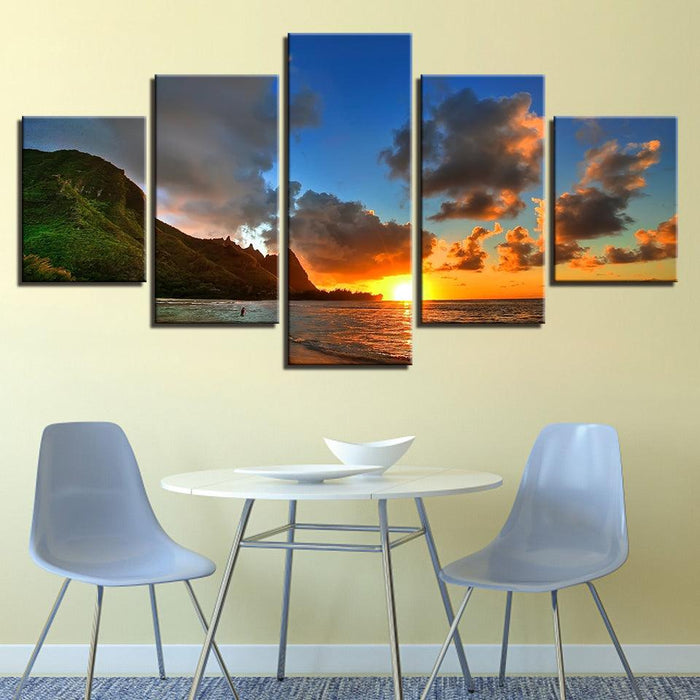 Sunset Sea Mountains 5 Piece HD Multi Panel Canvas Wall Art Frame - Original Frame