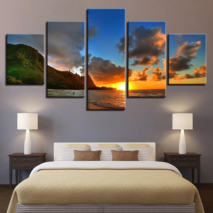 Sunset Sea Mountains 5 Piece HD Multi Panel Canvas Wall Art Frame - Original Frame