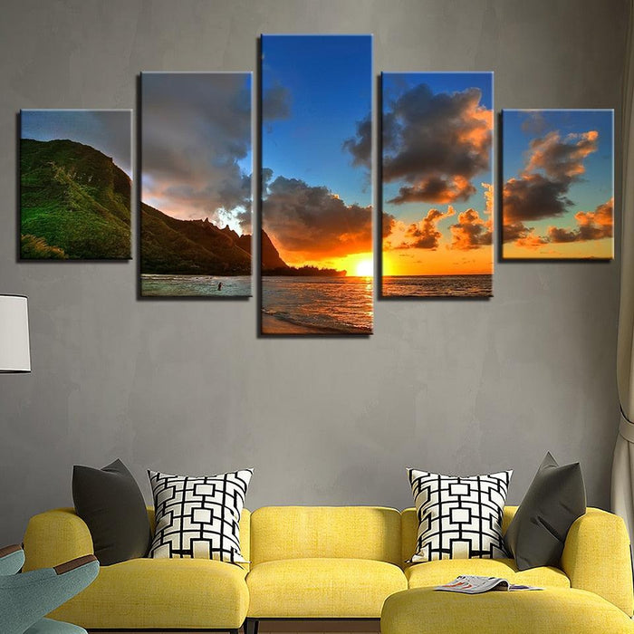 Sunset Sea Mountains 5 Piece HD Multi Panel Canvas Wall Art Frame - Original Frame