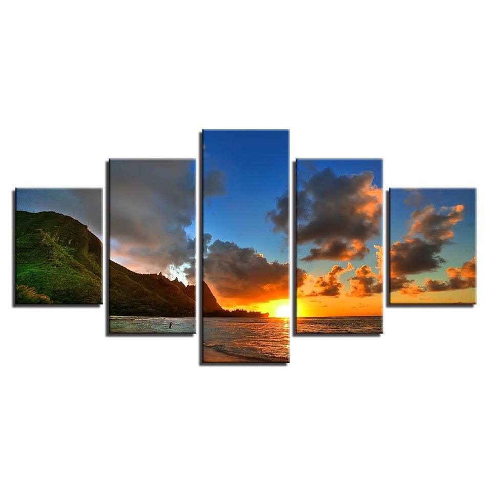 Sunset Sea Mountains 5 Piece HD Multi Panel Canvas Wall Art Frame - Original Frame