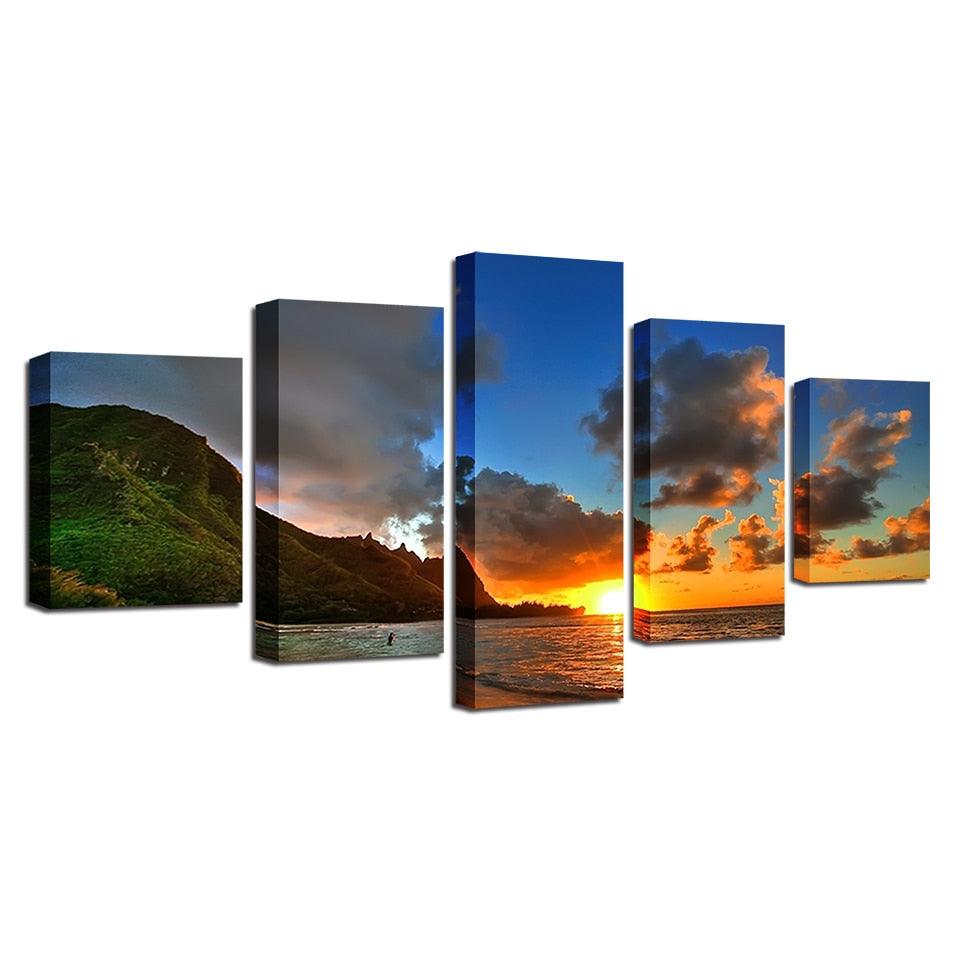 Sunset Sea Mountains 5 Piece HD Multi Panel Canvas Wall Art Frame - Original Frame