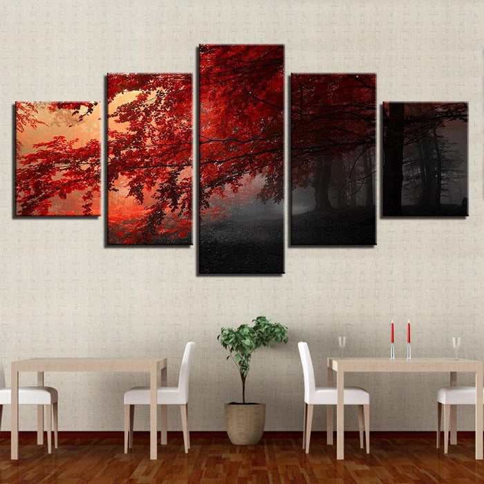 Red Trees Forest 5 Piece HD Multi Panel Canvas Wall Art Frame - Original Frame