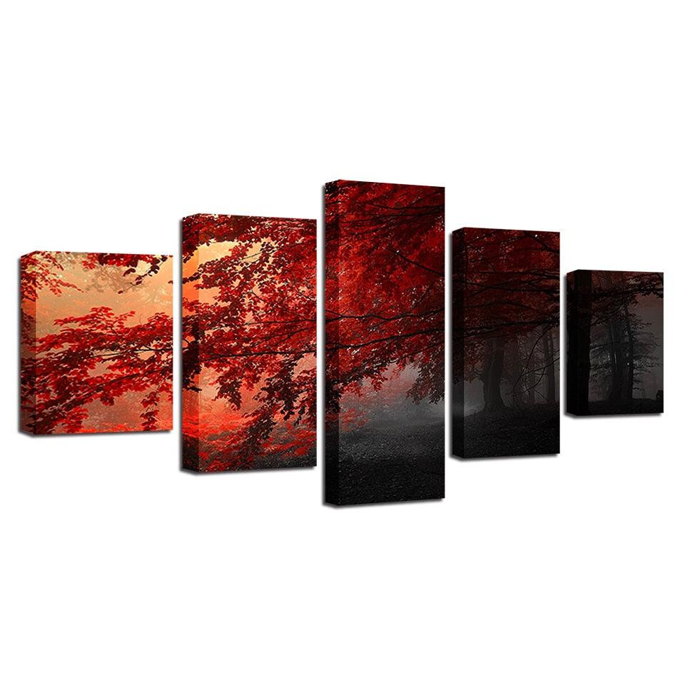 Red Trees Forest 5 Piece HD Multi Panel Canvas Wall Art Frame ...