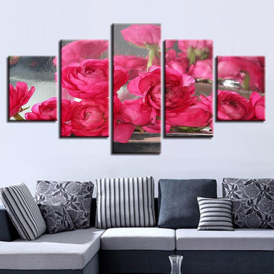 Pink Roses Flowers 5 Piece HD Multi Panel Canvas Wall Art - Original Frame