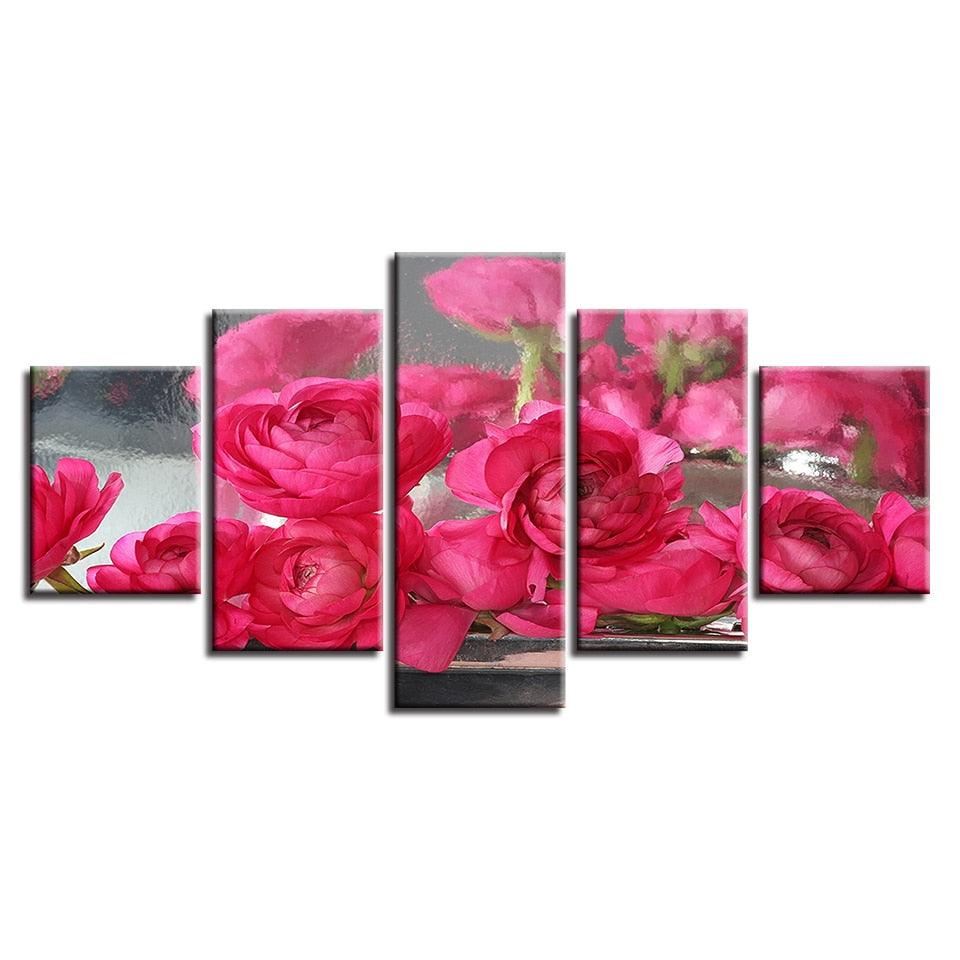 Pink Roses Flowers 5 Piece HD Multi Panel Canvas Wall Art - Original Frame