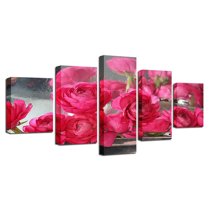 Pink Roses Flowers 5 Piece HD Multi Panel Canvas Wall Art - Original Frame