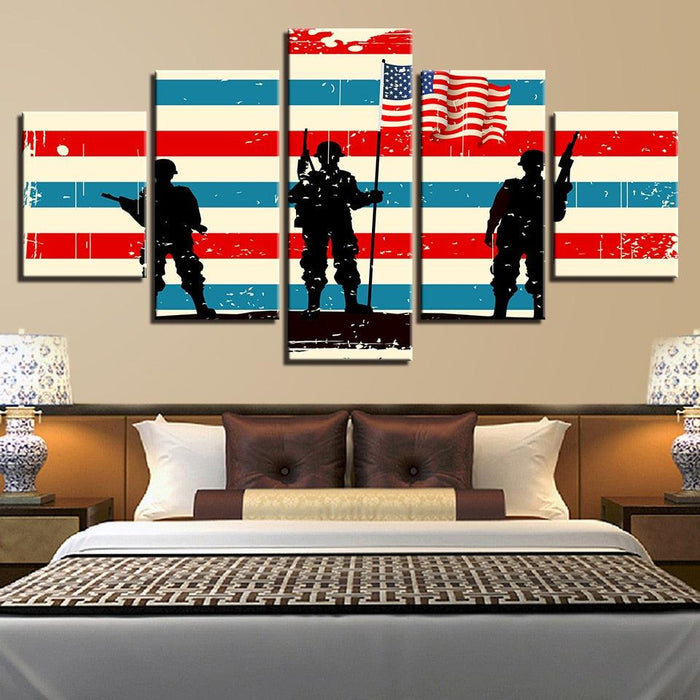 American Flag Soldier 5 Piece HD Multi Panel Canvas Wall Art Frame - Original Frame