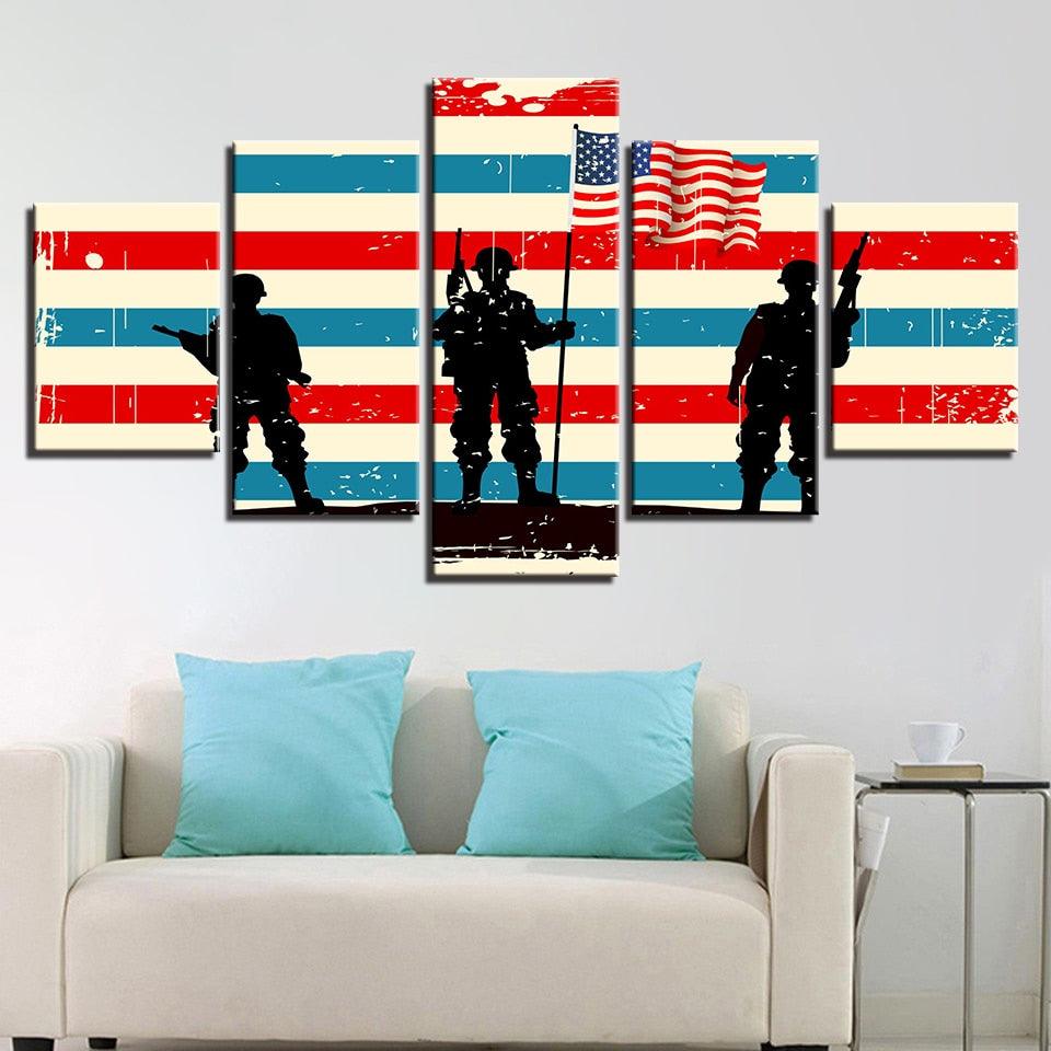 American Flag Soldier 5 Piece HD Multi Panel Canvas Wall Art Frame - Original Frame