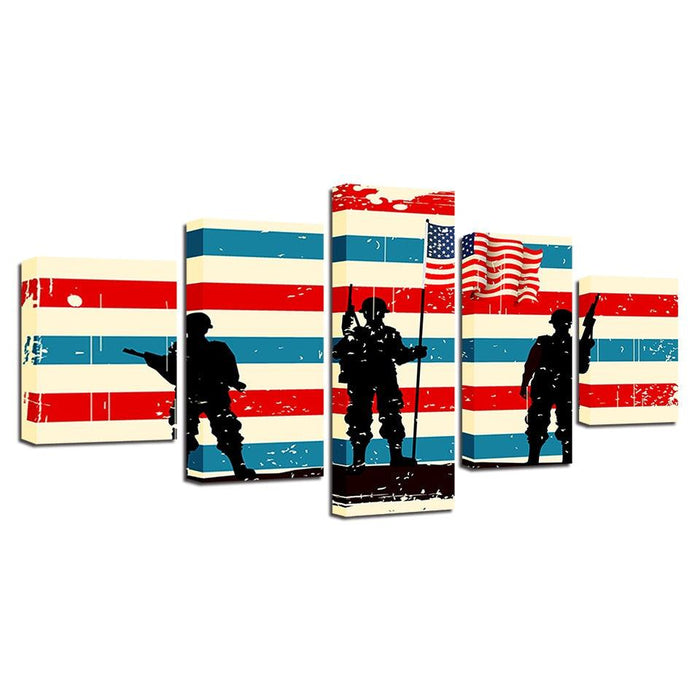 American Flag Soldier 5 Piece HD Multi Panel Canvas Wall Art Frame - Original Frame