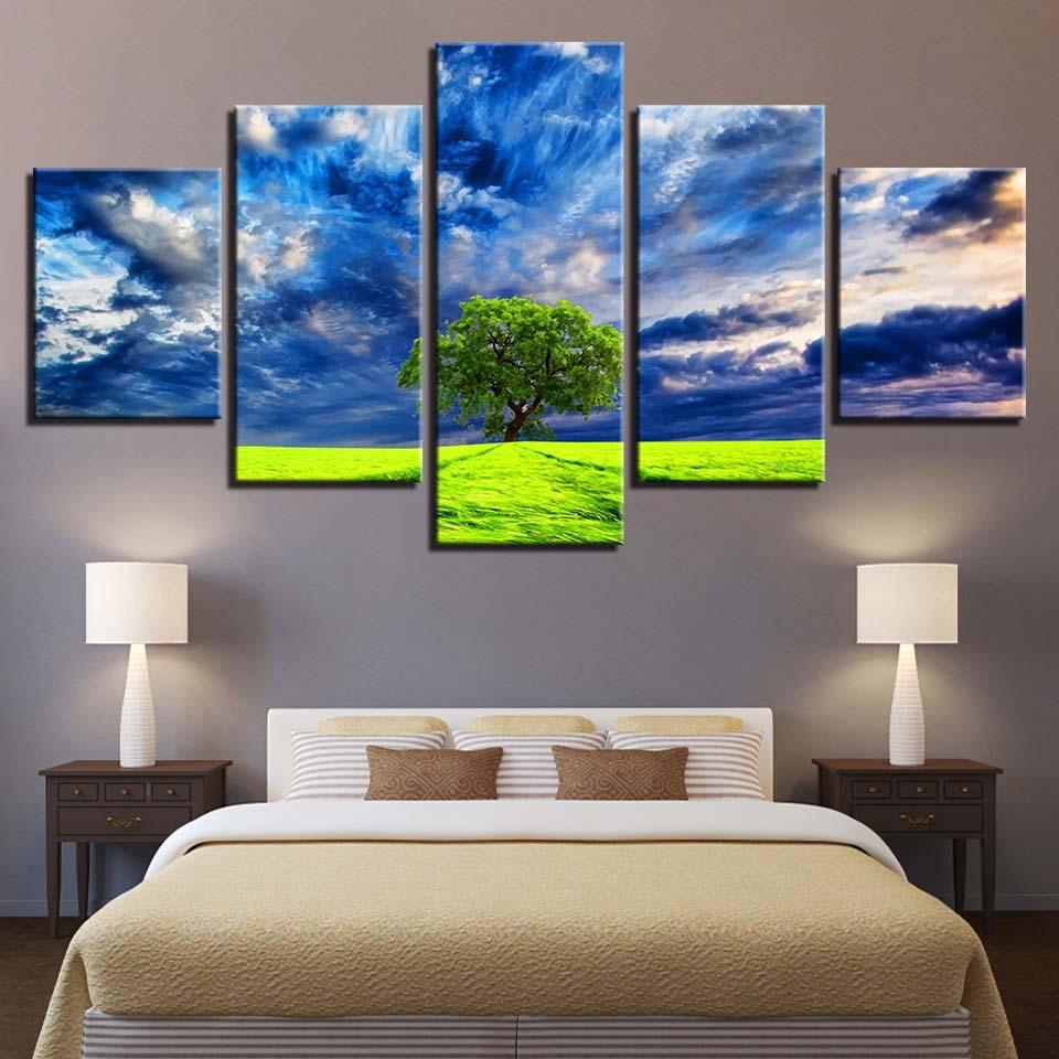 Blue Sky Tree 5 Piece HD Multi Panel Canvas Wall Art Frame - Original Frame