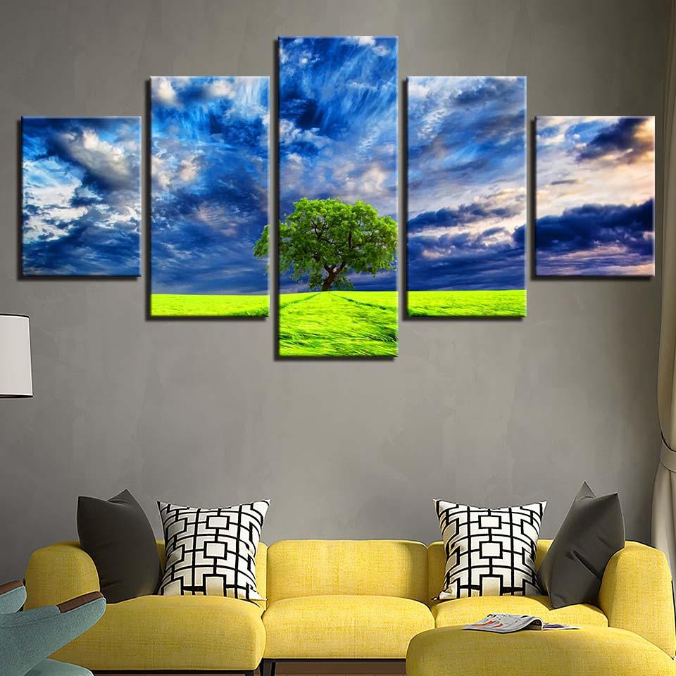 Blue Sky Tree 5 Piece HD Multi Panel Canvas Wall Art Frame - Original Frame