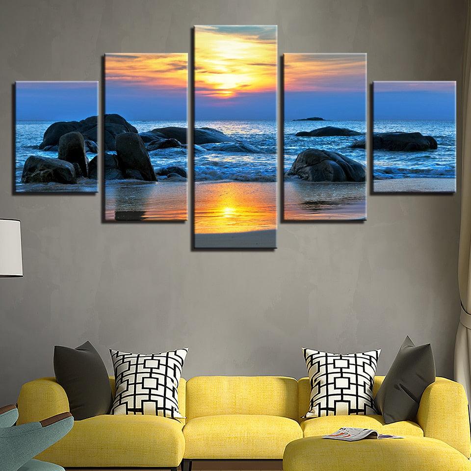 Sunrise at The Beach 5 Piece HD Multi Panel Canvas Wall Art Frame - Original Frame