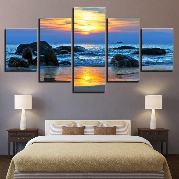 Sunrise at The Beach 5 Piece HD Multi Panel Canvas Wall Art Frame - Original Frame