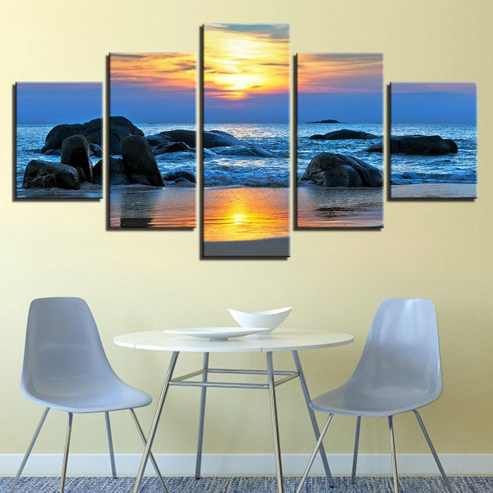 Sunrise at The Beach 5 Piece HD Multi Panel Canvas Wall Art Frame - Original Frame