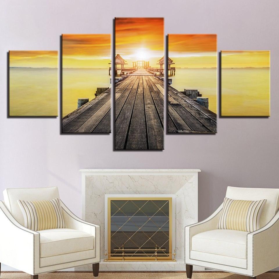 Sunset Lake Landscape 5 Piece HD Multi Panel Canvas Wall Art Frame - Original Frame