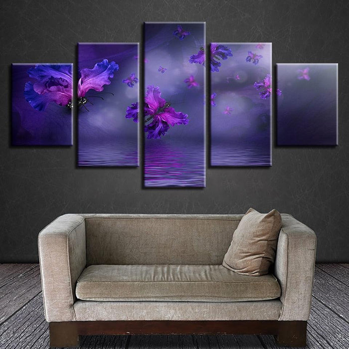 Purple Flowers Butterflies 5 Piece HD Multi Panel Canvas Wall Art Frame