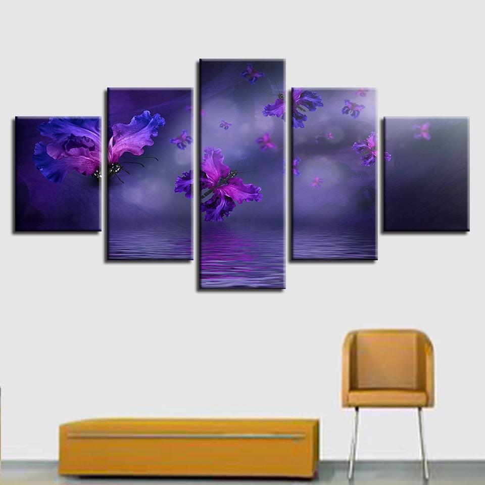 Purple Flowers Butterflies 5 Piece HD Multi Panel Canvas Wall Art - Original Frame