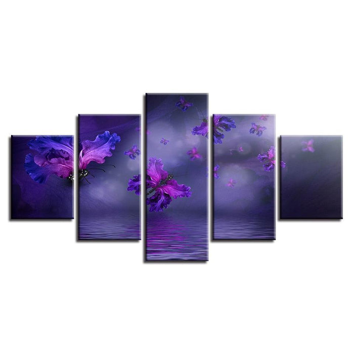 Purple Flowers Butterflies 5 Piece HD Multi Panel Canvas Wall Art Frame