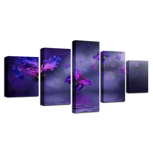 Purple Flowers Butterflies 5 Piece HD Multi Panel Canvas Wall Art - Original Frame