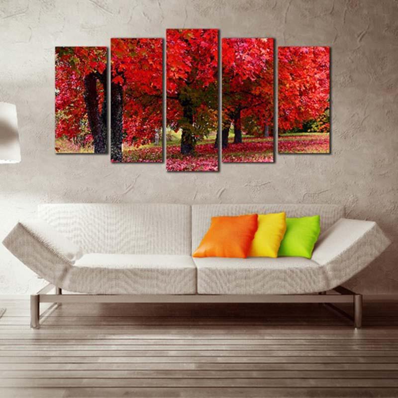 Red Forest Scenery 5 Piece HD Multi Panel Canvas Wall Art Frame - Original Frame