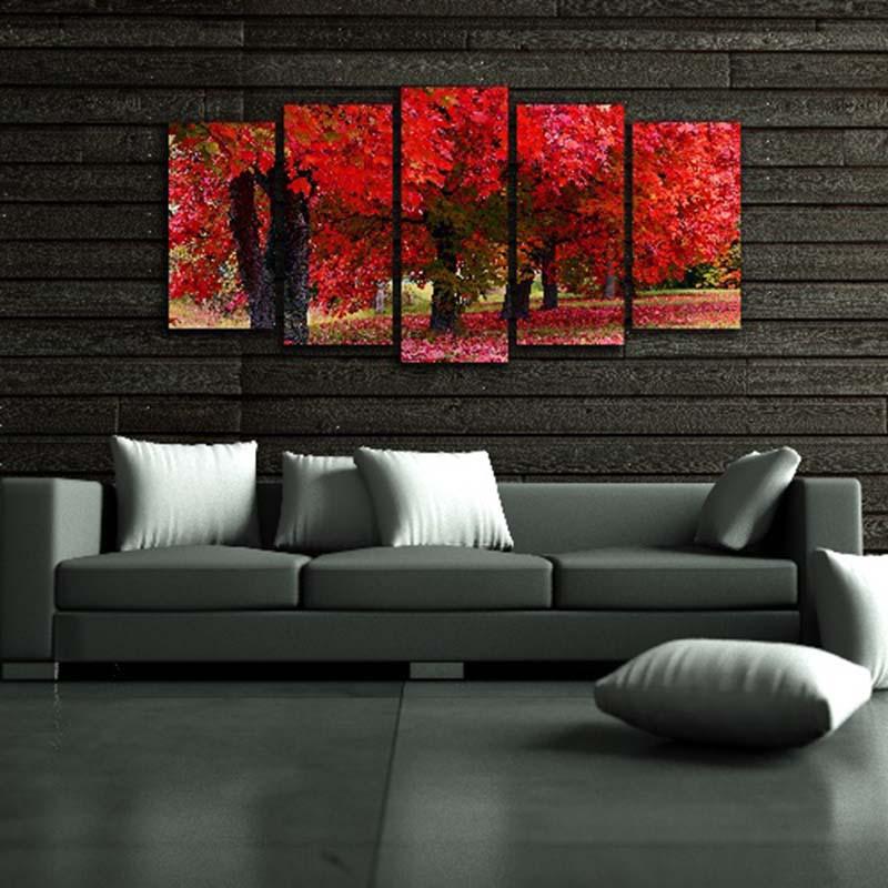 Red Forest Scenery 5 Piece HD Multi Panel Canvas Wall Art Frame - Original Frame