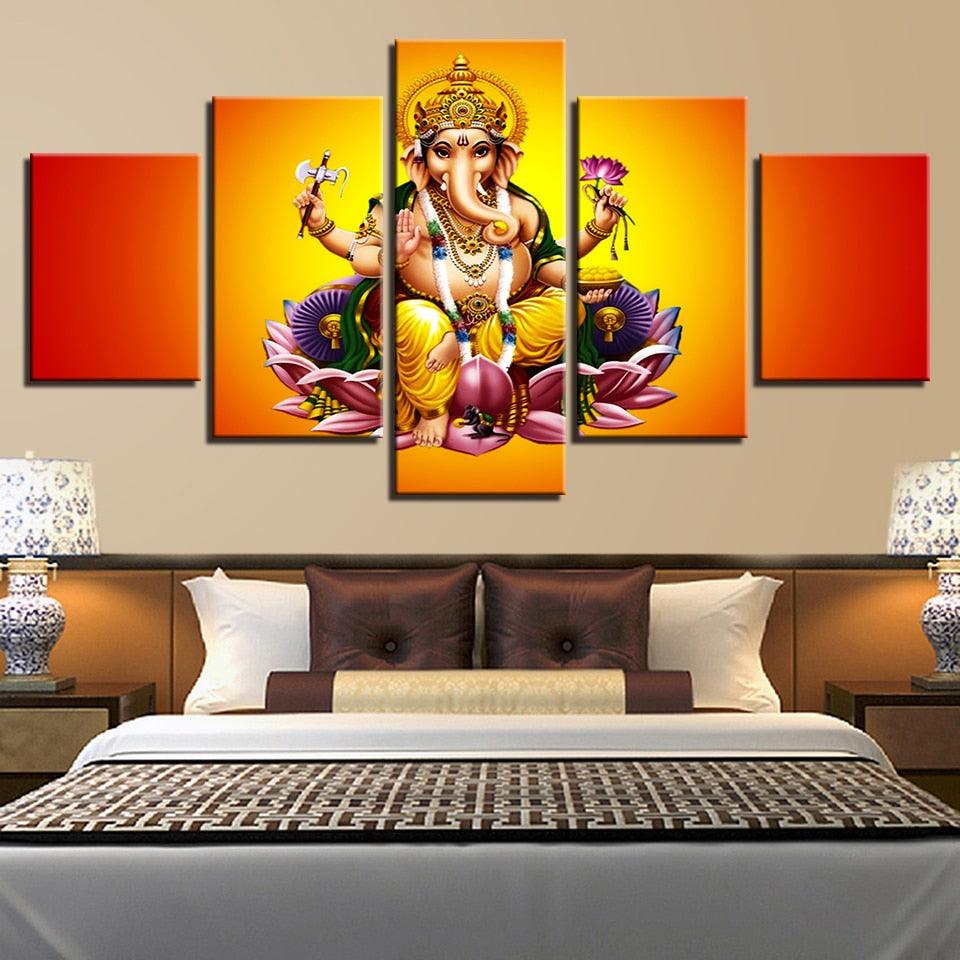 India God Ganesha 5 Piece HD Multi Panel Canvas Wall Art Frame - Original Frame